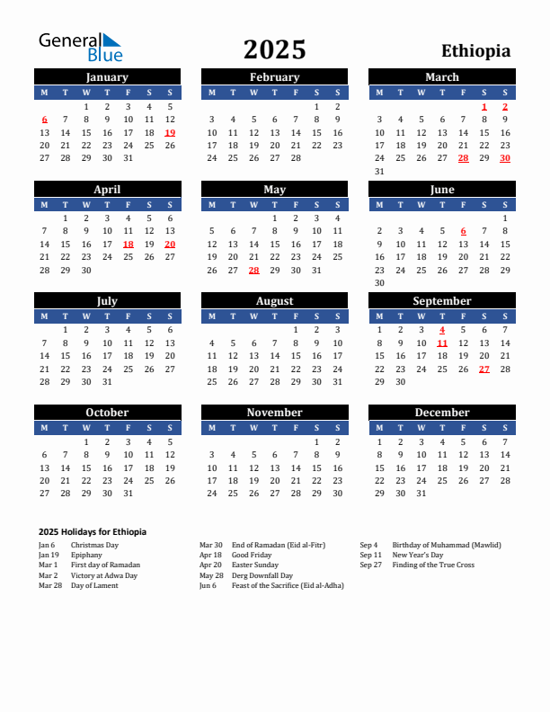 2025 Ethiopia Calendar With Holidays