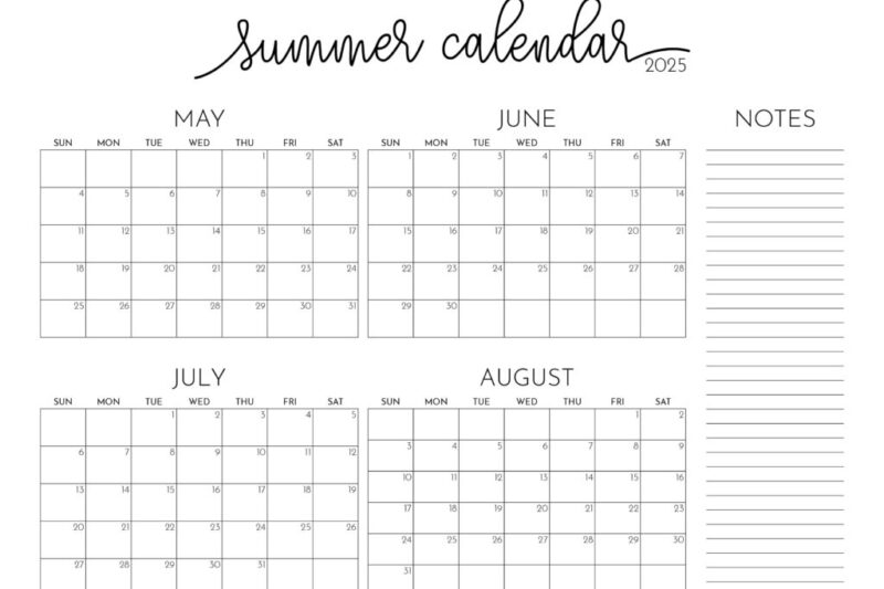 Free Printable Calendar 2025 May June July August