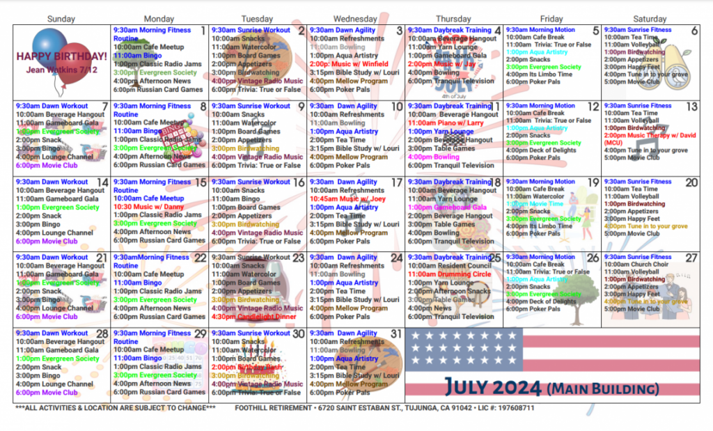 Activity Calendars Foothill Retirement