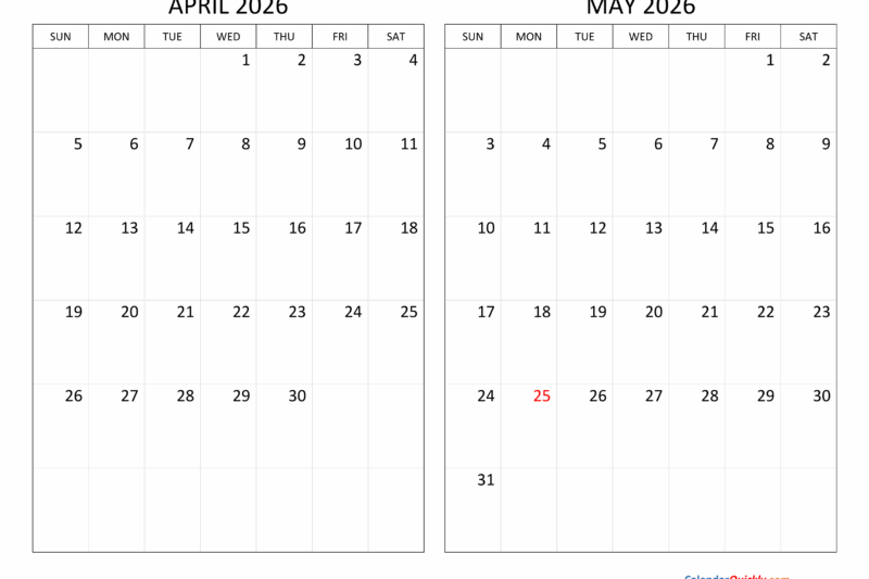 Free Printable April May 2026 Calendar