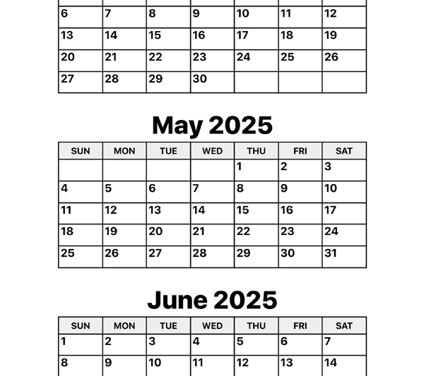 Calendar March April May 2025