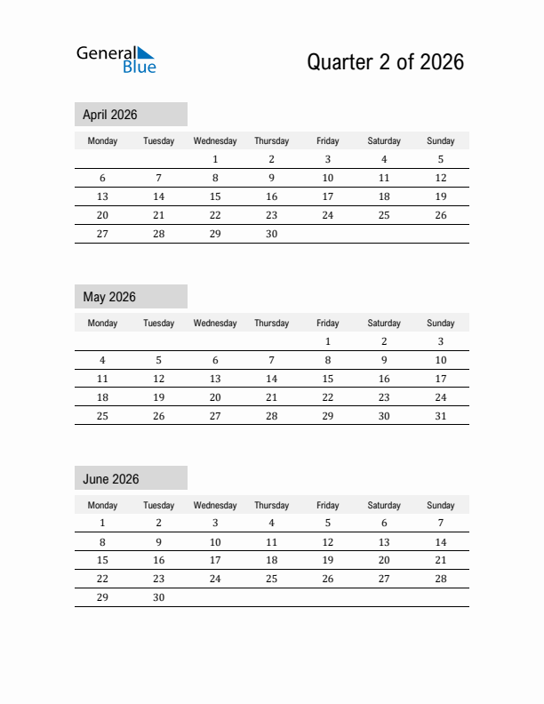 April May And June 2026 Calendar Template
