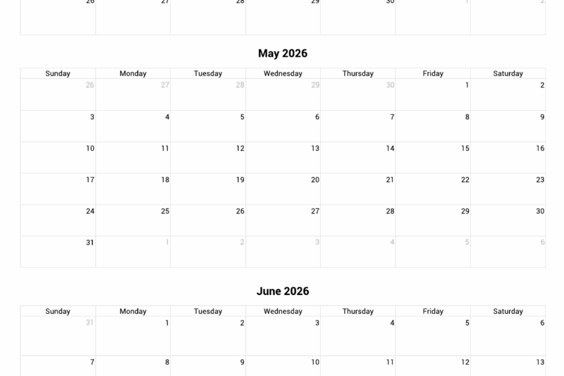 Printable April May June Calendar 2026