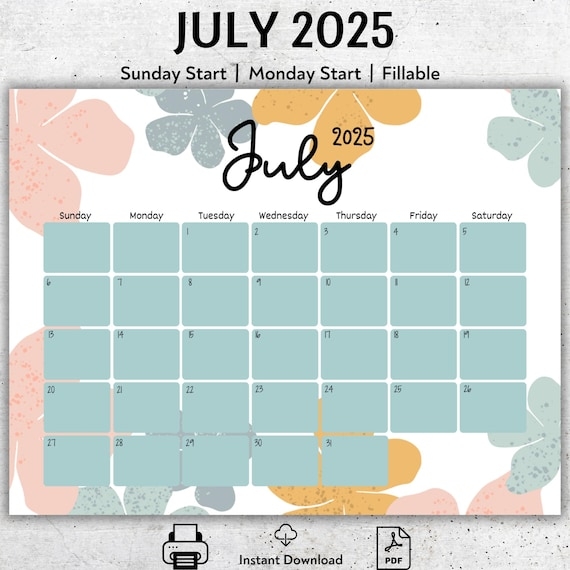 EDITABLE July 2025 Calendar 2025 July Planner Monthly Schedule 