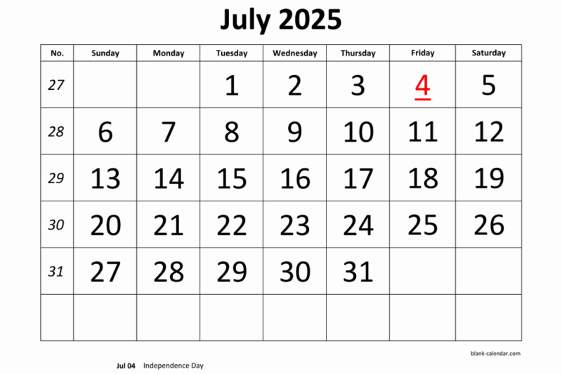 July 2025 Calendar Big Numbers