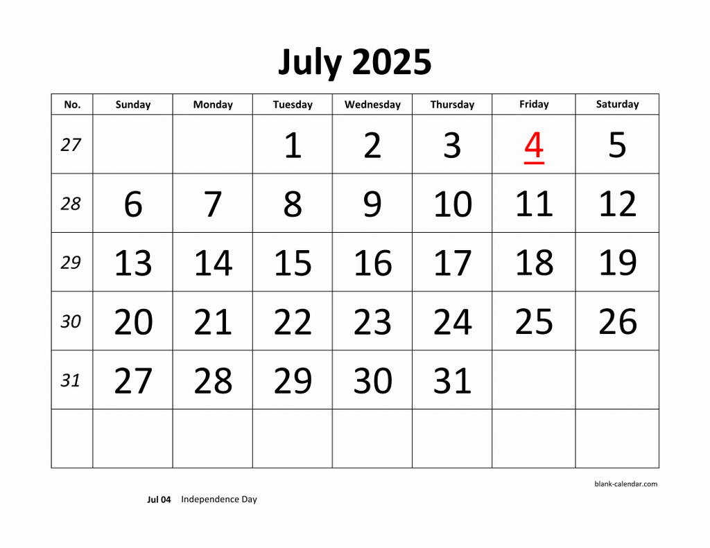 Free Download Printable July 2025 Calendar Large Font Design Holidays On Red