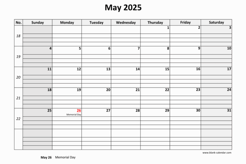 Free Printable Big Grid May 2025 Calendar