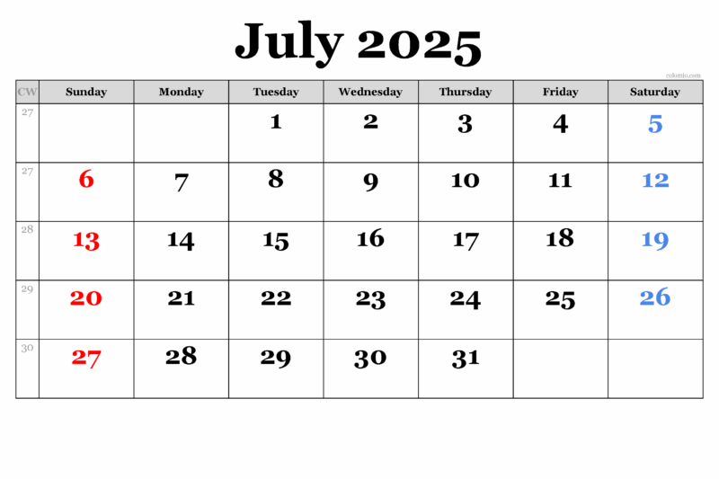 Weekly July 2025 Calendar