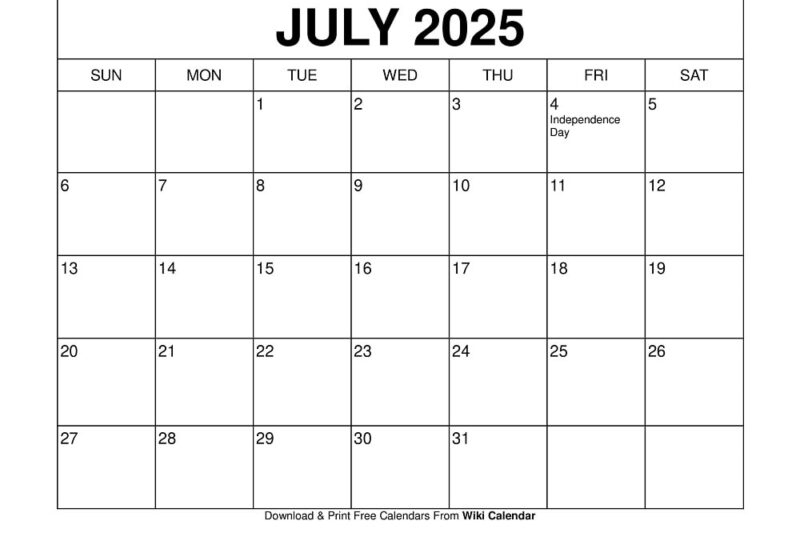 21 July 2025 Calendar Printable