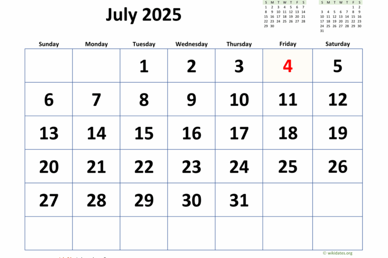 July 2025 Calendar Days