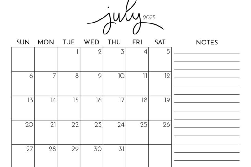 Calendar July 2025 With Notes