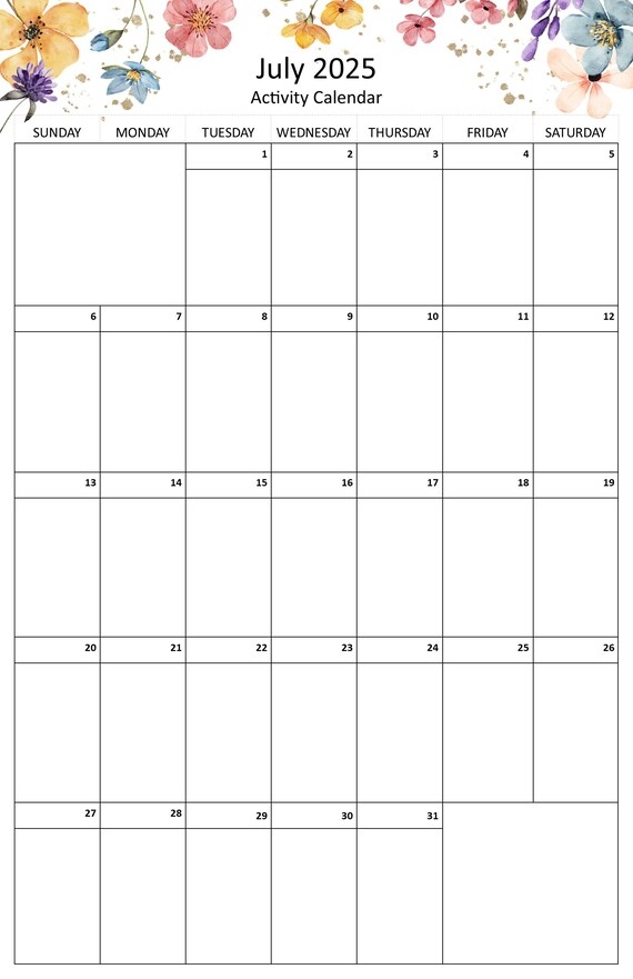 July 2025 Editable Monthly Activities Calendar For Senior Living Tabloid Size 17