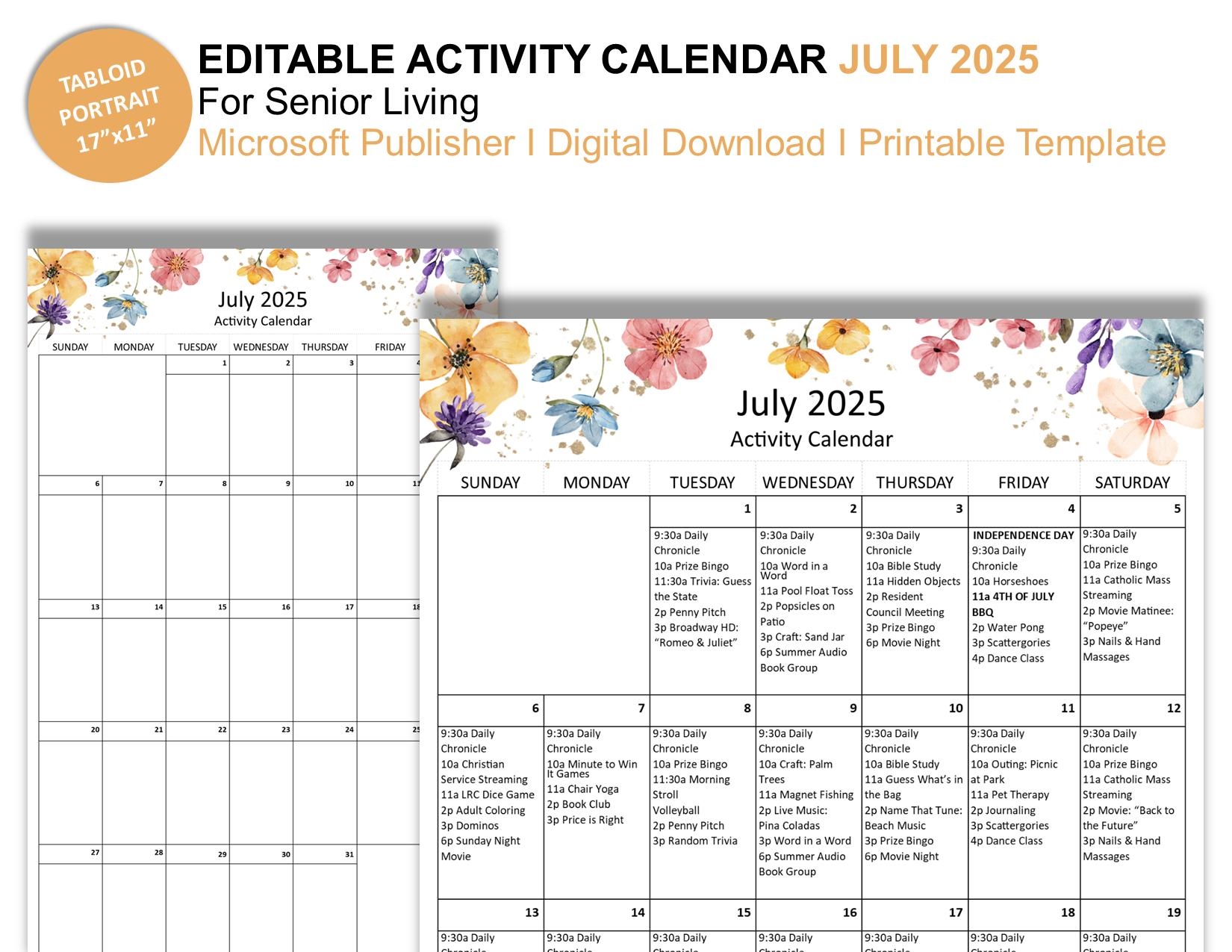 July 2025 Editable Monthly Activities Calendar For Senior Living Tabloid Size 17