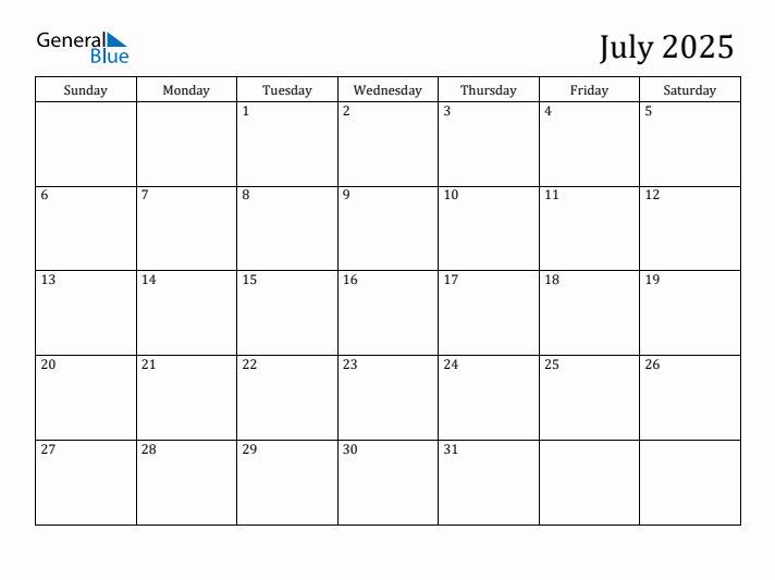 Word Calendar Template July 2025