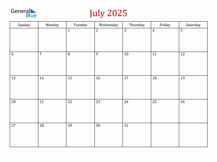 Fillable Calendar July 2025