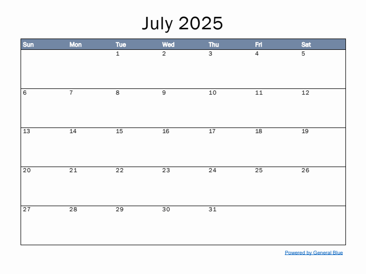 July 2025 Printable Calendar Word