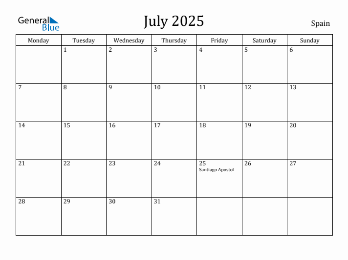 Spanish Calendar For July 2025