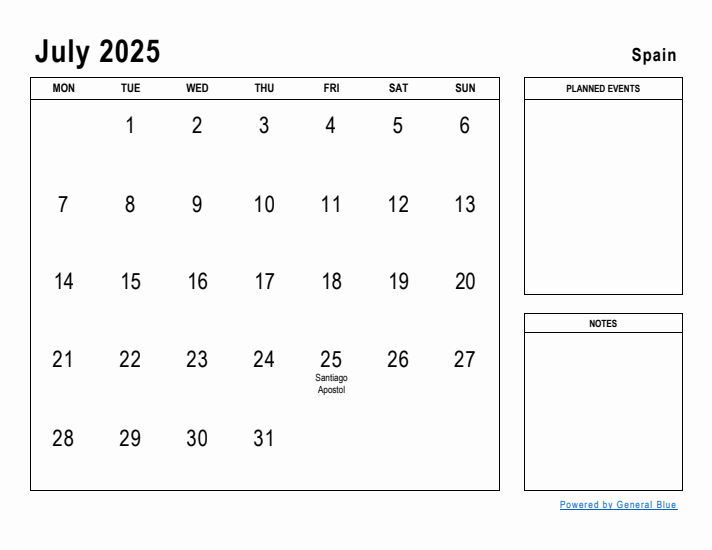 July 2025 Planner With Spain Holidays