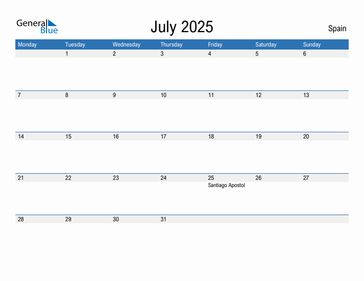 July 2025 Spain Monthly Calendar With Holidays