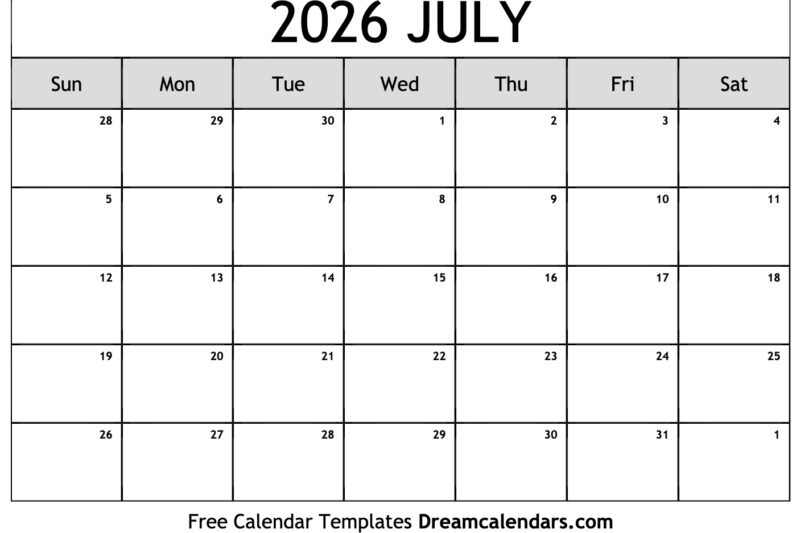 Calendar For July 2026