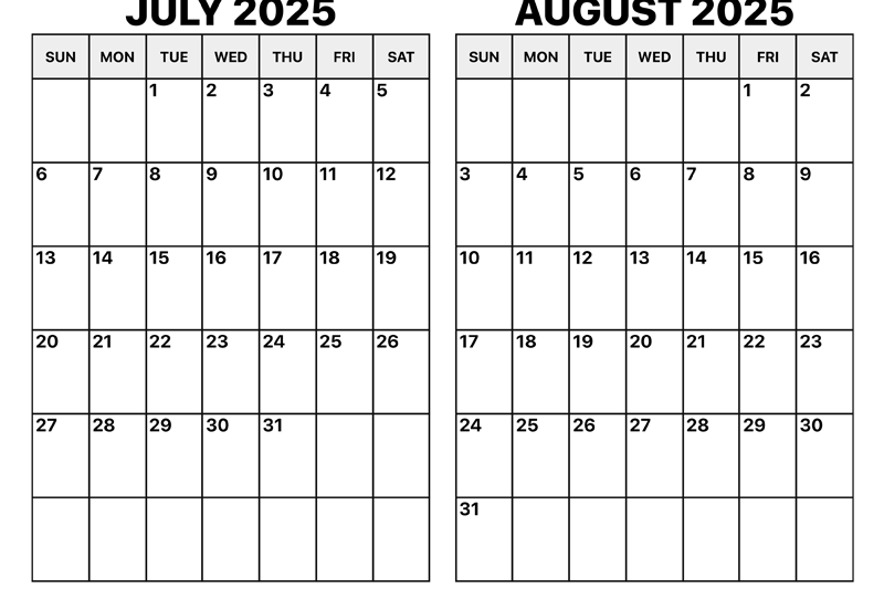 July August Month Calendar 2025