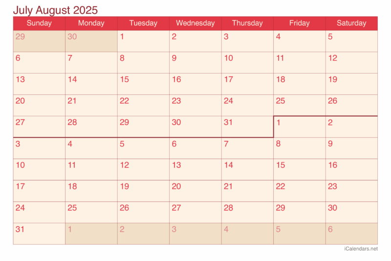 Calendar For The Month Of July And August 2025