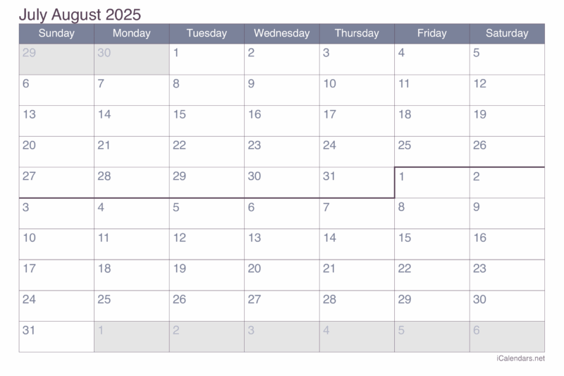 July And August Calendar Template 2025