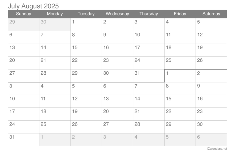 Blank July And August 2025 Calendar