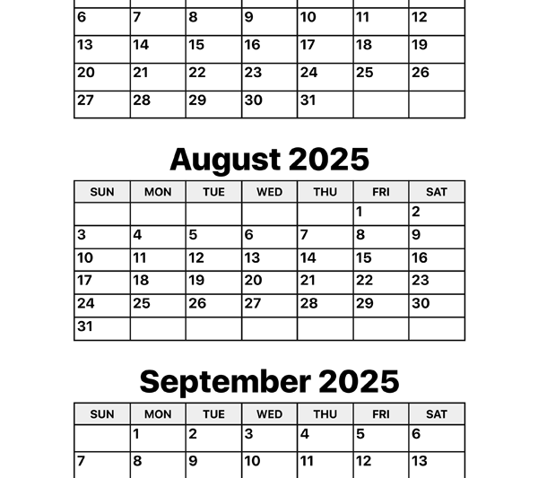Three Month Calendar July August September 2025