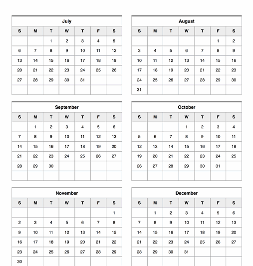 Calendar July December 2025
