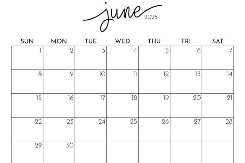 Free Printable Calendar 2025 June Word
