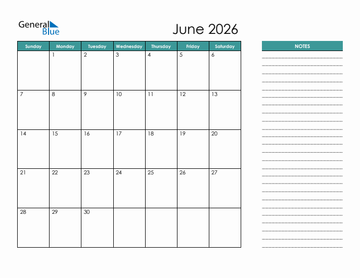 June 2026 Monthly Calendar PDF Word Excel 
