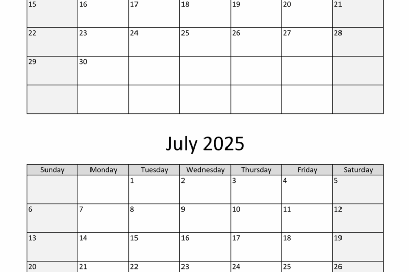 2 Month Calendar June July 2025