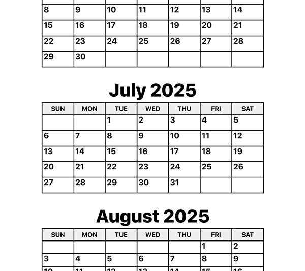 Printable Calendar June July August 2025