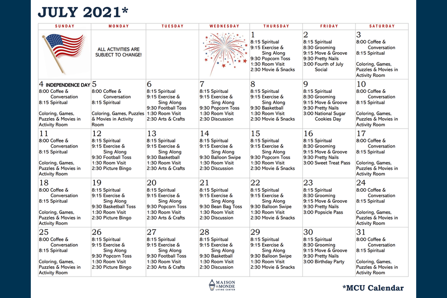 Maison Du Monde Living Center July MCU Activity Calendar