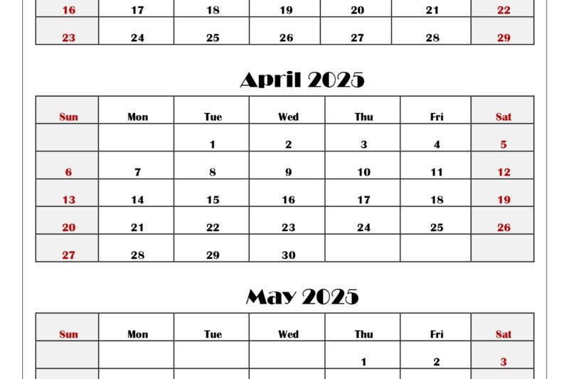 March April May 2025 Calendar Printable