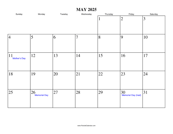 May 2025 Calendar Memorial Day