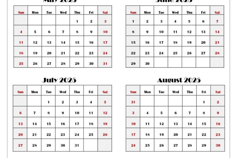 May To August 2025 Calendar