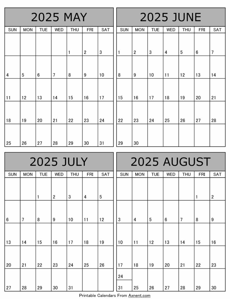 May To August 2025 Calendar Templates Four Months
