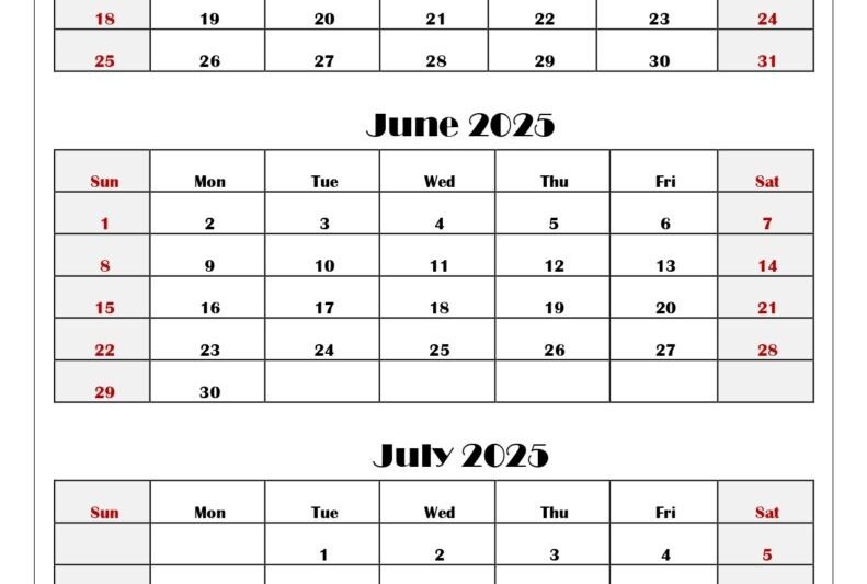 May June July 2025 Calendar Printable