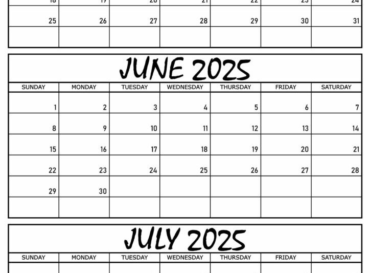 3 Month Calendar 2025 May June July