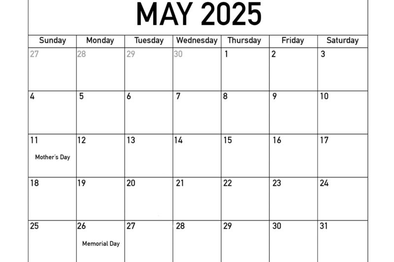 Free Printable Calendar 2025 May With Holidays