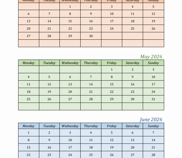 3 Month Calendar Printable 2026 April May June